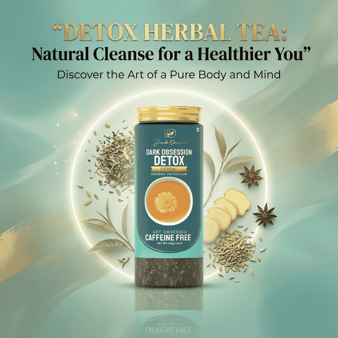 Dark Obsession Detox Herbal Tea with dandelion roots, milk thistle, ginger, fennel seeds, burdock, star anise, licorice and nettle leaves for digestion and detox support.